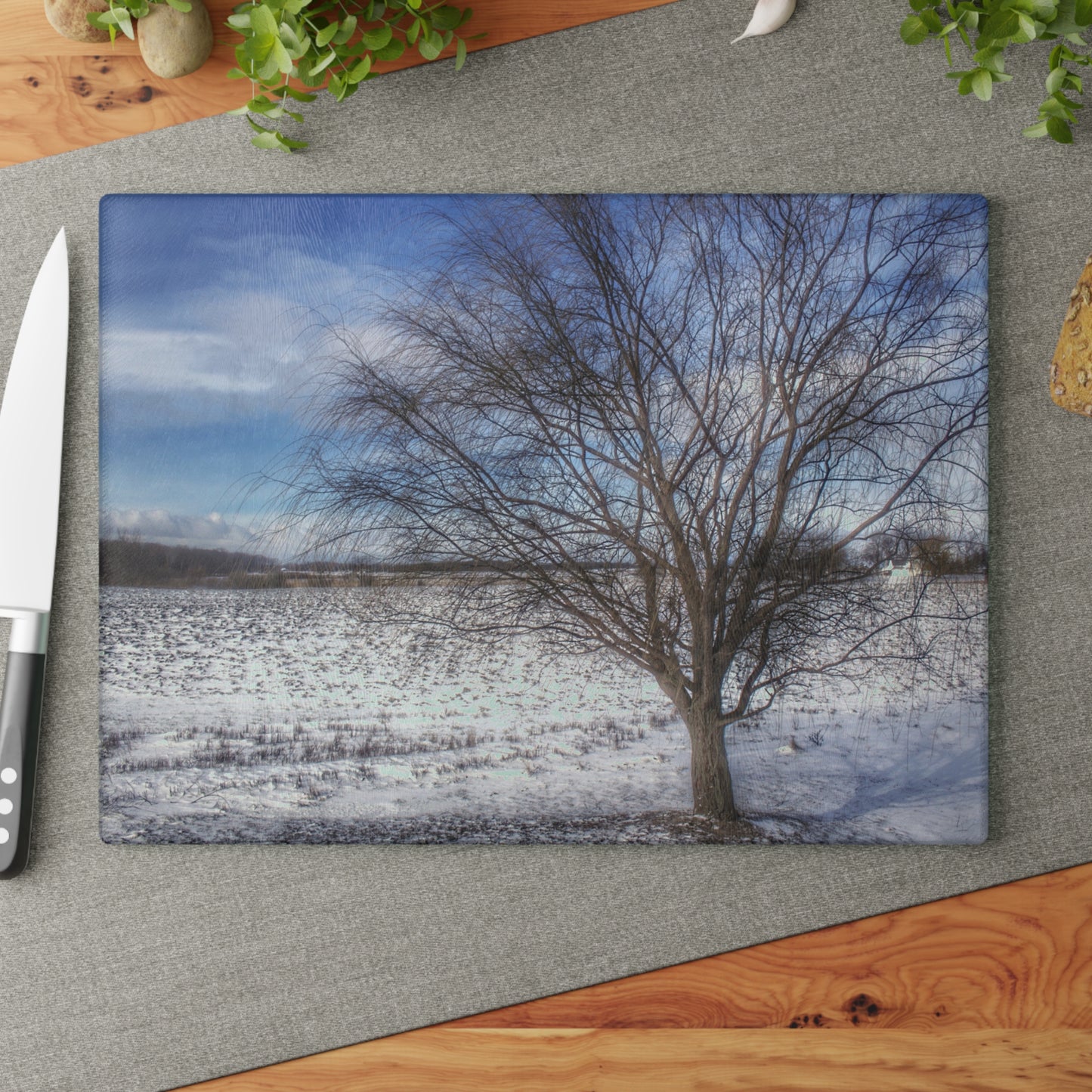 U R There Photography Winter Farm Willow Tree Rustic Farmhouse Tempered-Glass Cutting Board