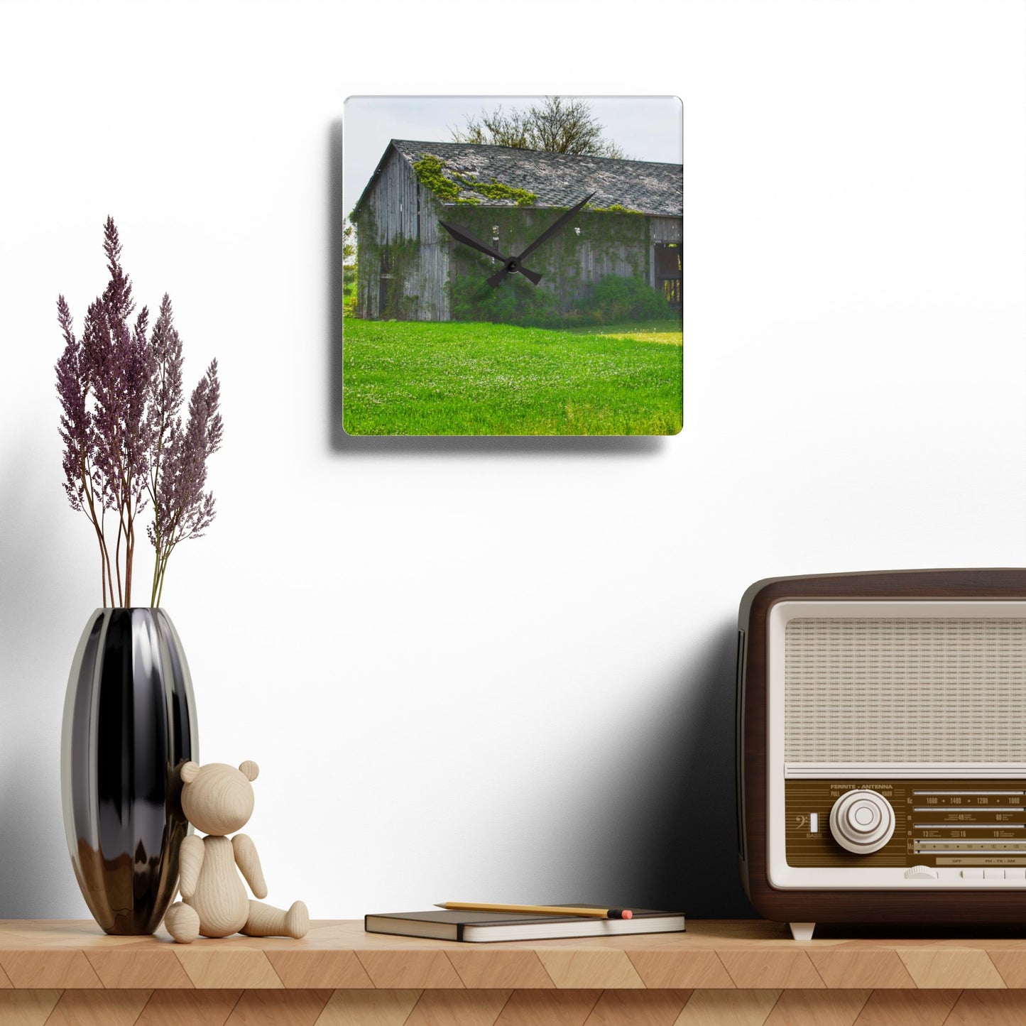 U R There Photography Caro Road Twin Grey I Rustic Farmhouse Acrylic Analog Wall Clock