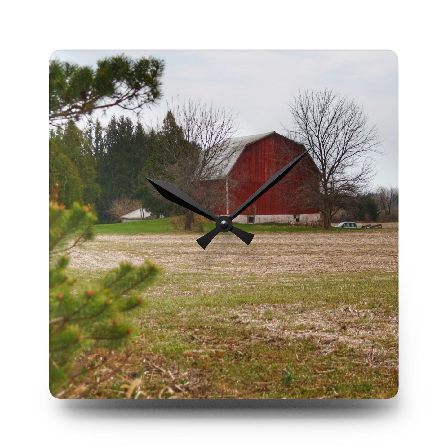 U R There Photography Hidden Millington Road Red Rustic Farmhouse Acrylic Analog Wall Clock