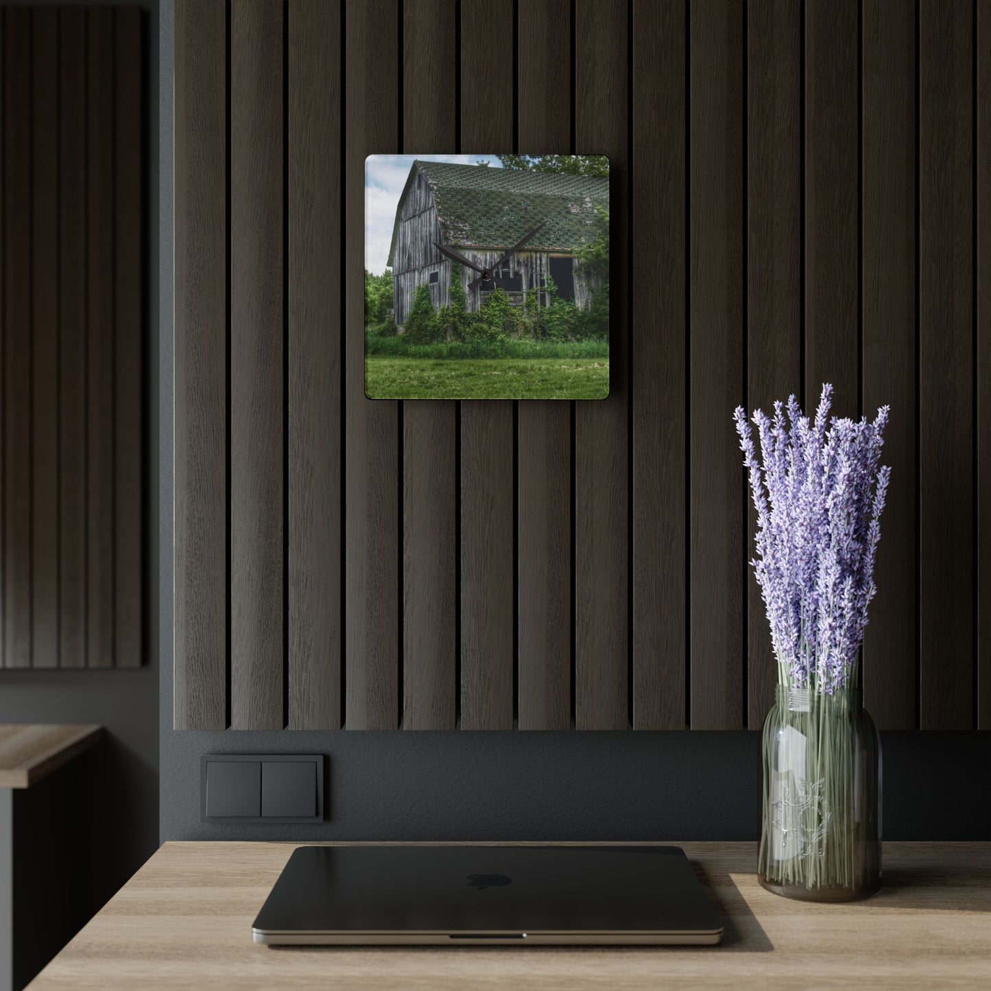 U R There Photography Hunters Creek Forgotten Grey Rustic Farmhouse Acrylic Analog Wall Clock
