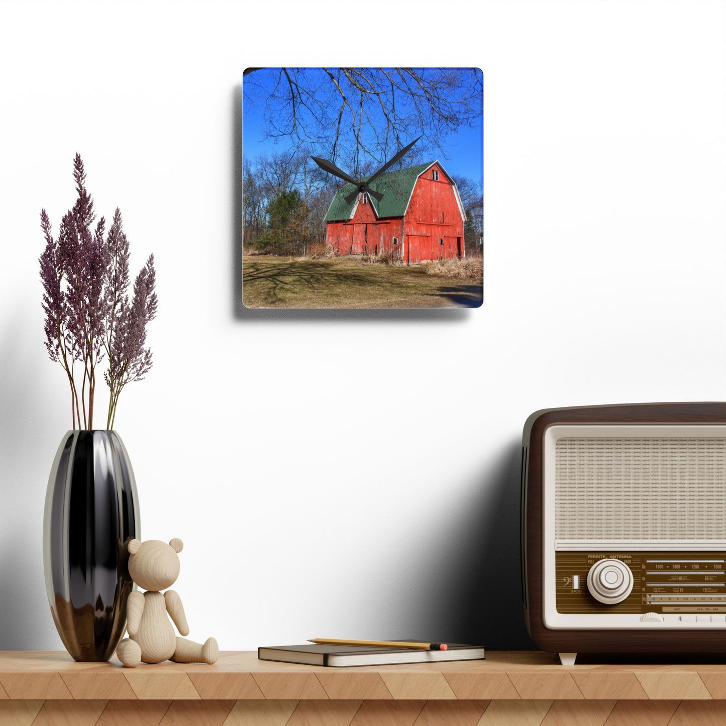 U R There Photography Hickory Ridge Red I Rustic Farmhouse Acrylic Analog Wall Clock