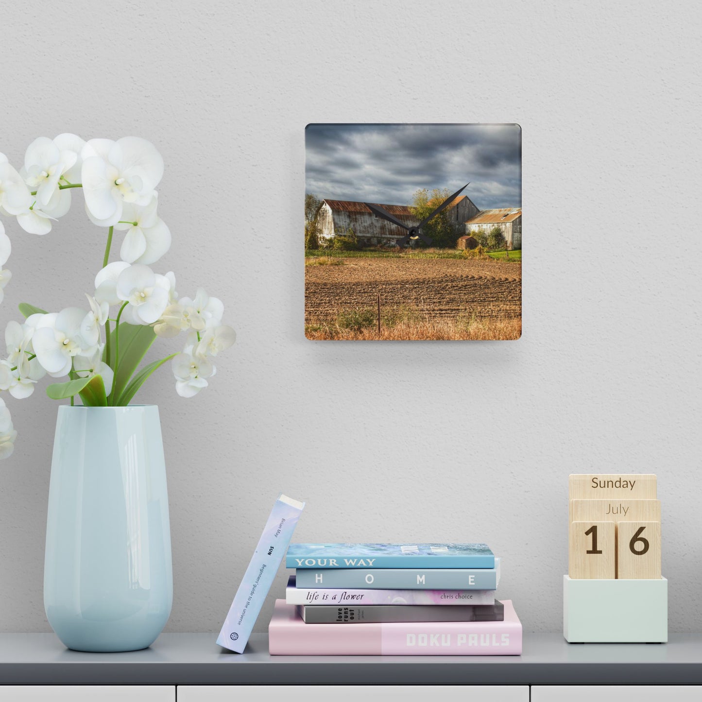 U R There Photography Newark Road Whites Rustic Farmhouse Acrylic Analog Wall Clock