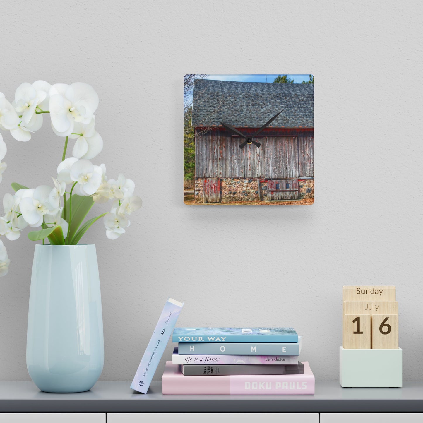 U R There Photography Leix Road Stone Red Rustic Farmhouse Acrylic Analog Wall Clock
