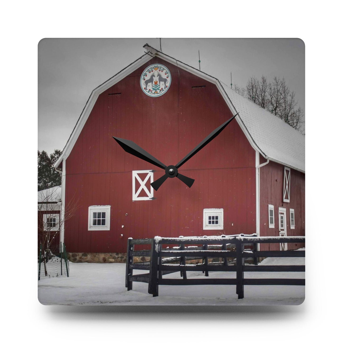 U R There Photography Barns of Barber Road III Rustic Farmhouse Acrylic Analog Wall Clock