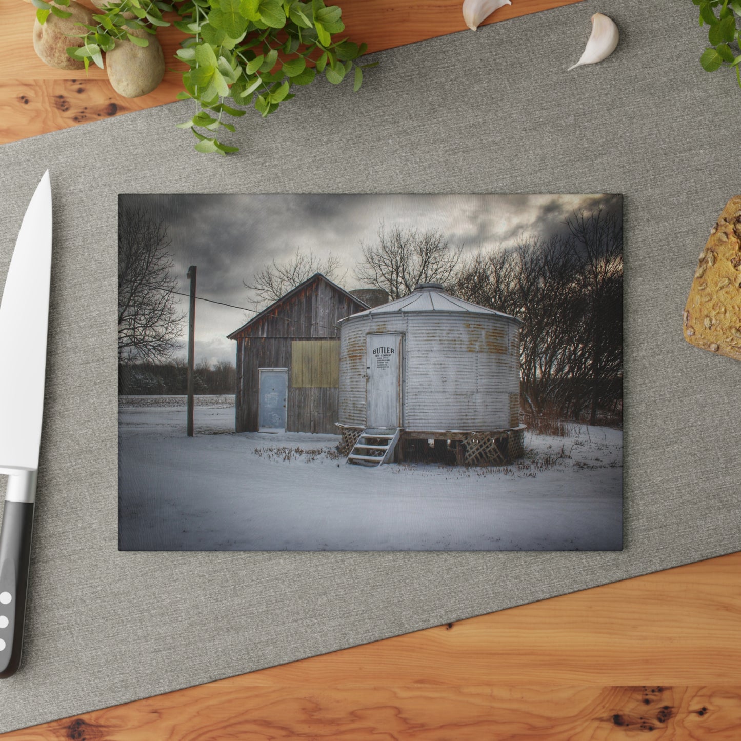U R There Photography Vassar Silo and Shack Rustic Farmhouse Tempered-Glass Cutting Board