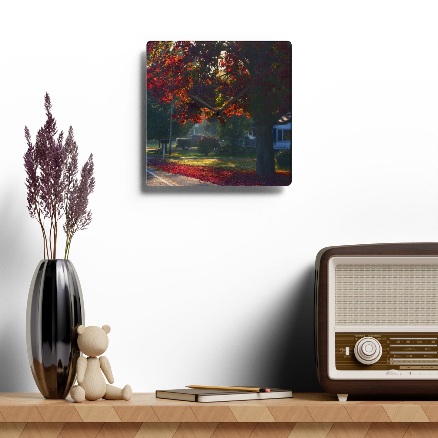 U R There Photography Red Crimson Leaves of Lum Rustic Farmhouse Acrylic Analog Wall Clock