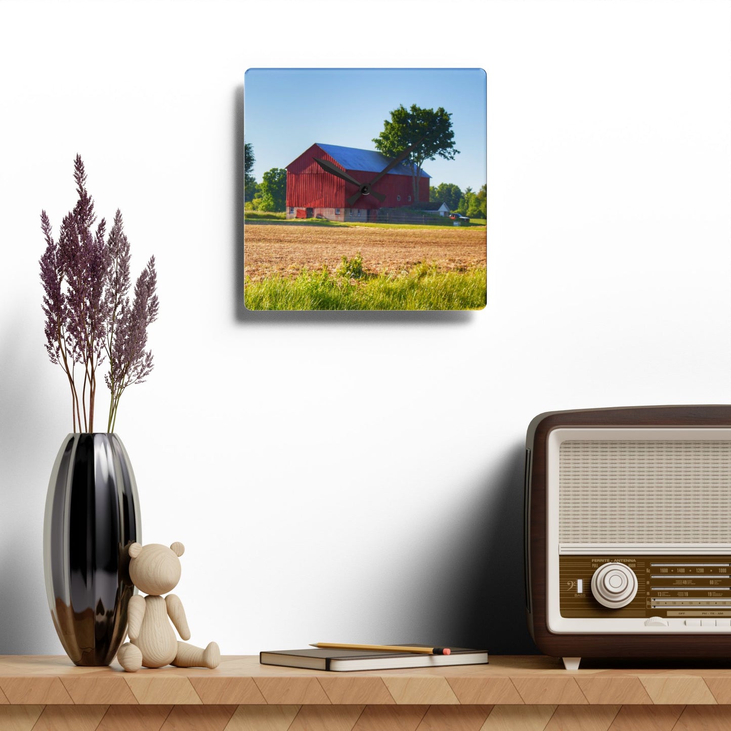 U R There Photography Morris Road Red Rustic Farmhouse Acrylic Analog Wall Clock