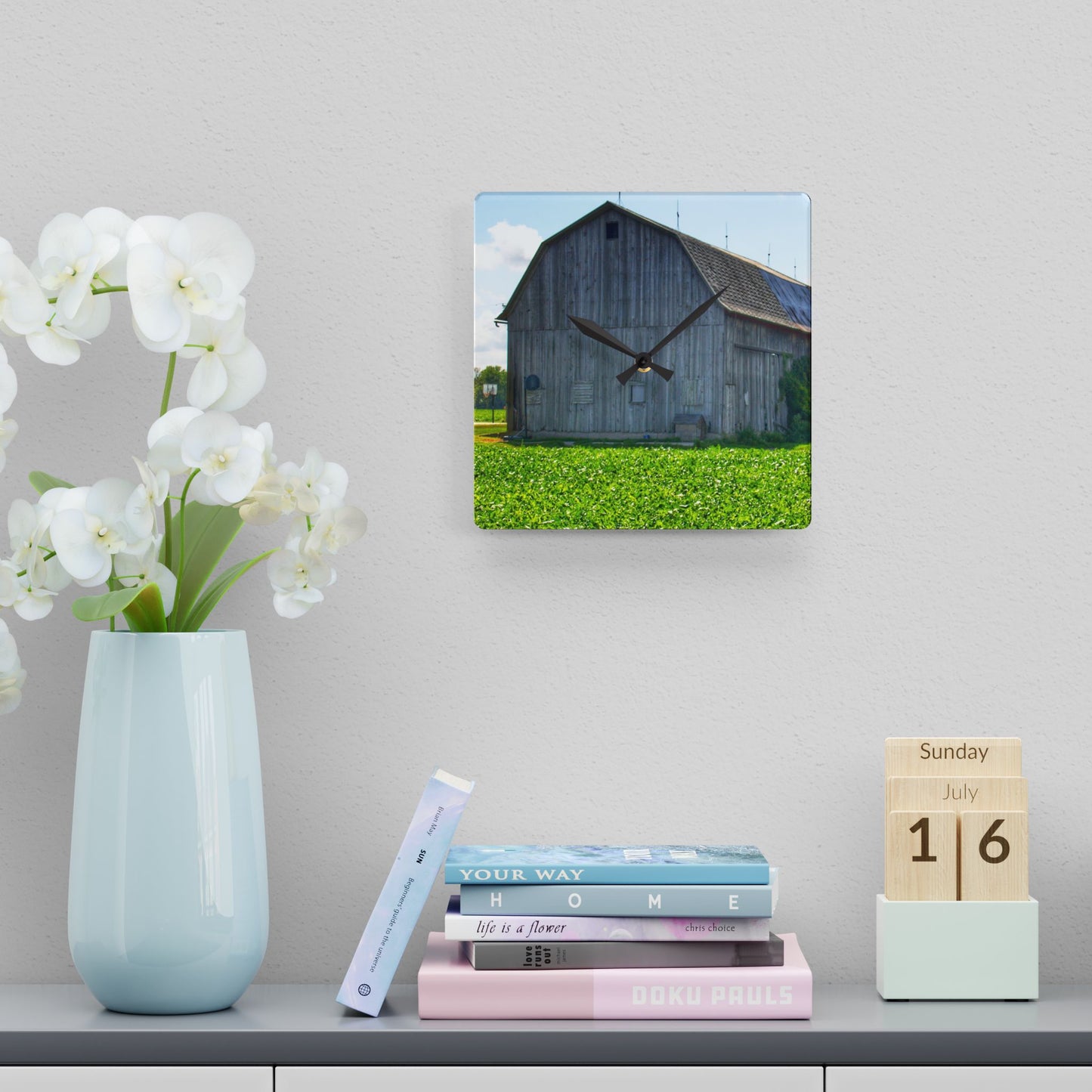U R There Photography Morning Roadside Grey Rustic Farmhouse Acrylic Analog Wall Clock