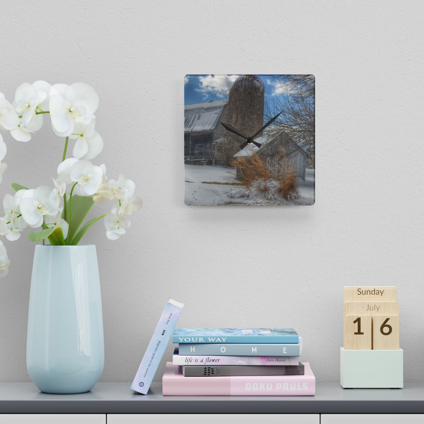 U R There Photography Ludwig Road Greys in Winter Rustic Farmhouse Acrylic Analog Wall Clock