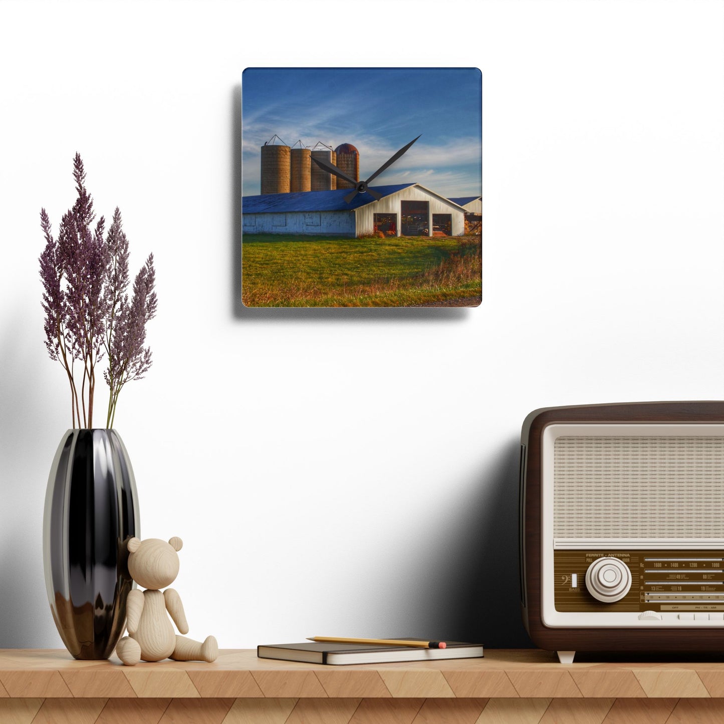 Rustic Farmhouse Wall Clock featuring Peck White and Silos