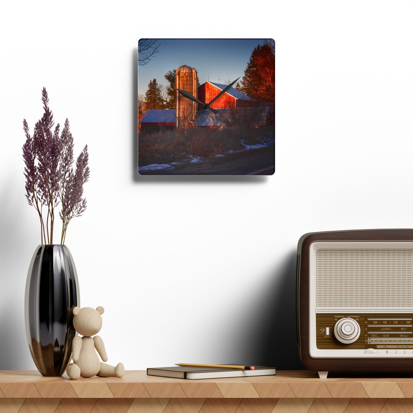 U R There Photography Mount Morris Road Reds and Silo in Winter Rustic Farmhouse Acrylic Analog Wall Clock