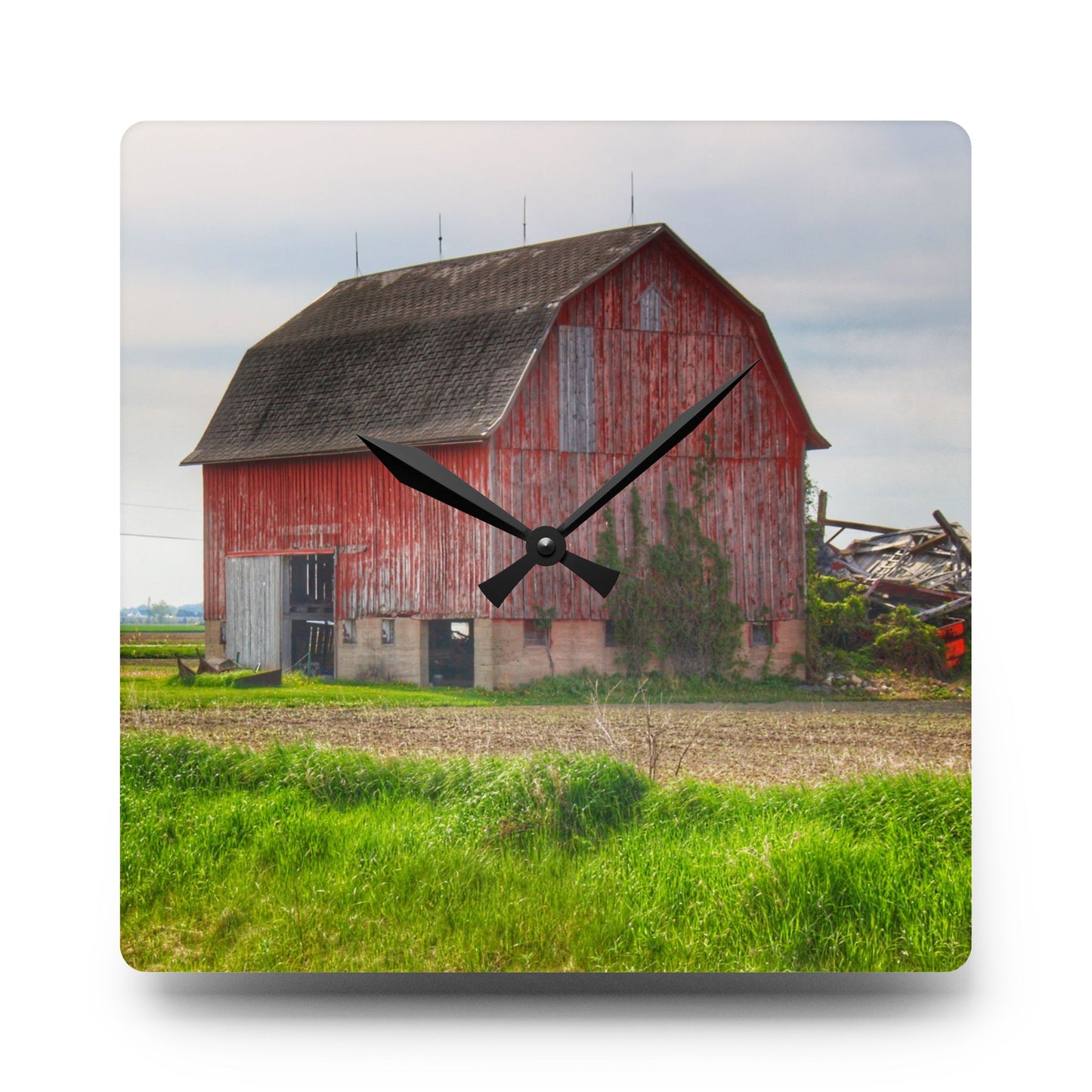 U R There Photography Unionville Elmwood Road Red II Rustic Farmhouse Acrylic Analog Wall Clock
