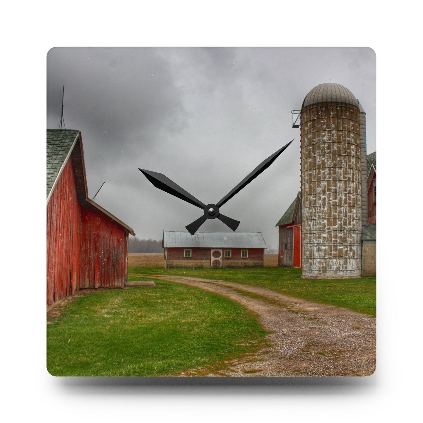 U R There Photography Roedel Roadside Reds II Rustic Farmhouse Acrylic Analog Wall Clock