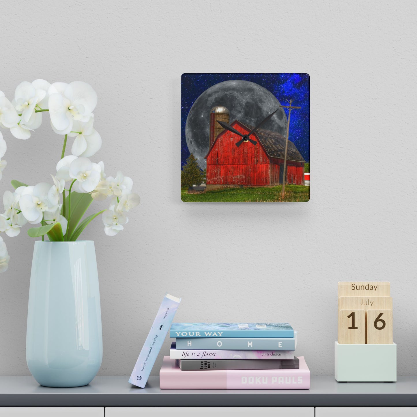 Rustic Farmhouse Wall Clock featuring Moon Over Hollenbeck