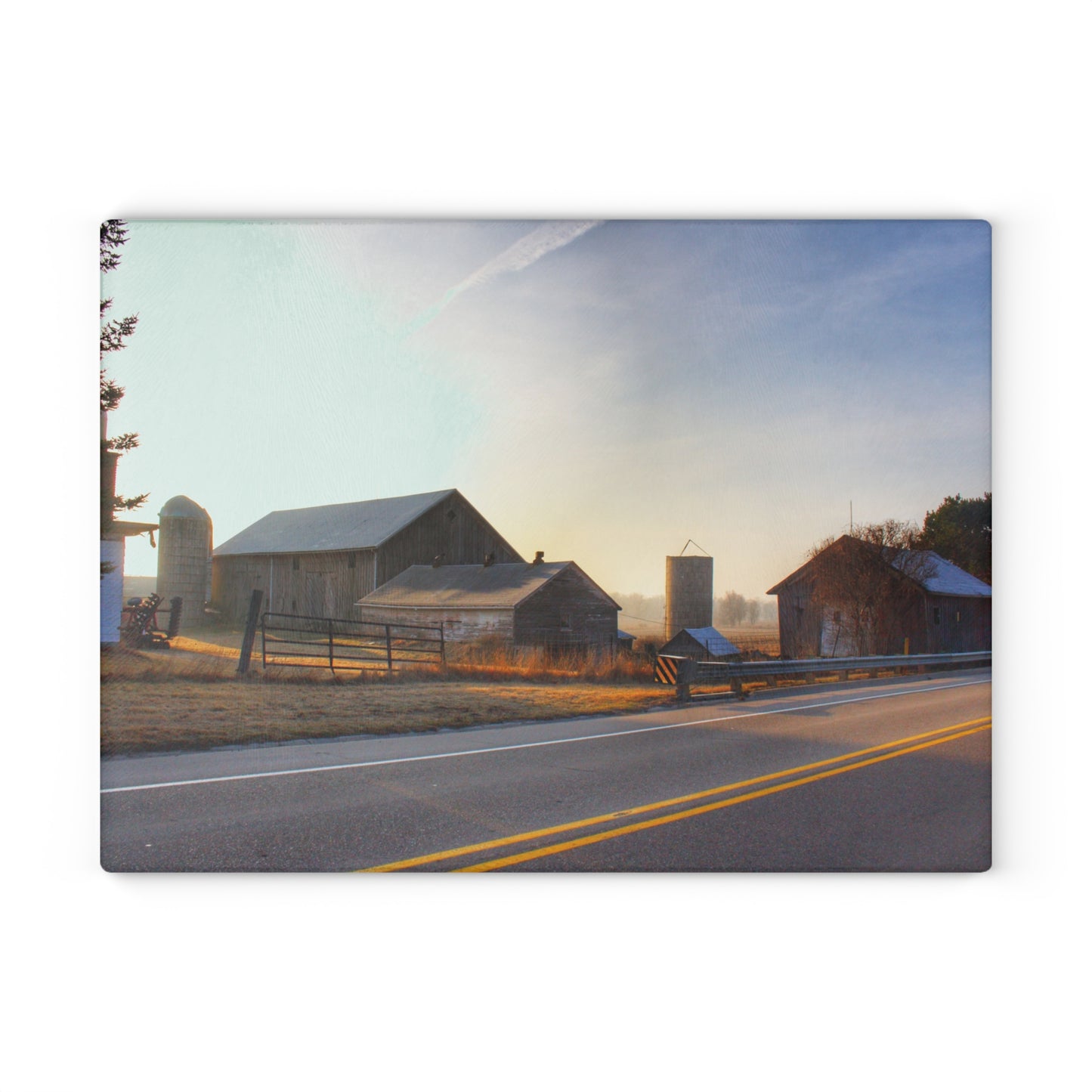 U R There Photography Wilder Road Foggy Morning Greys Rustic Farmhouse Tempered-Glass Cutting Board