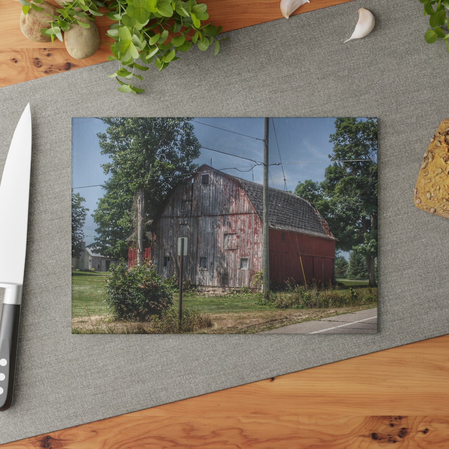 U R There Photography Roods Lake Road Red II Rustic Farmhouse Tempered-Glass Cutting Board
