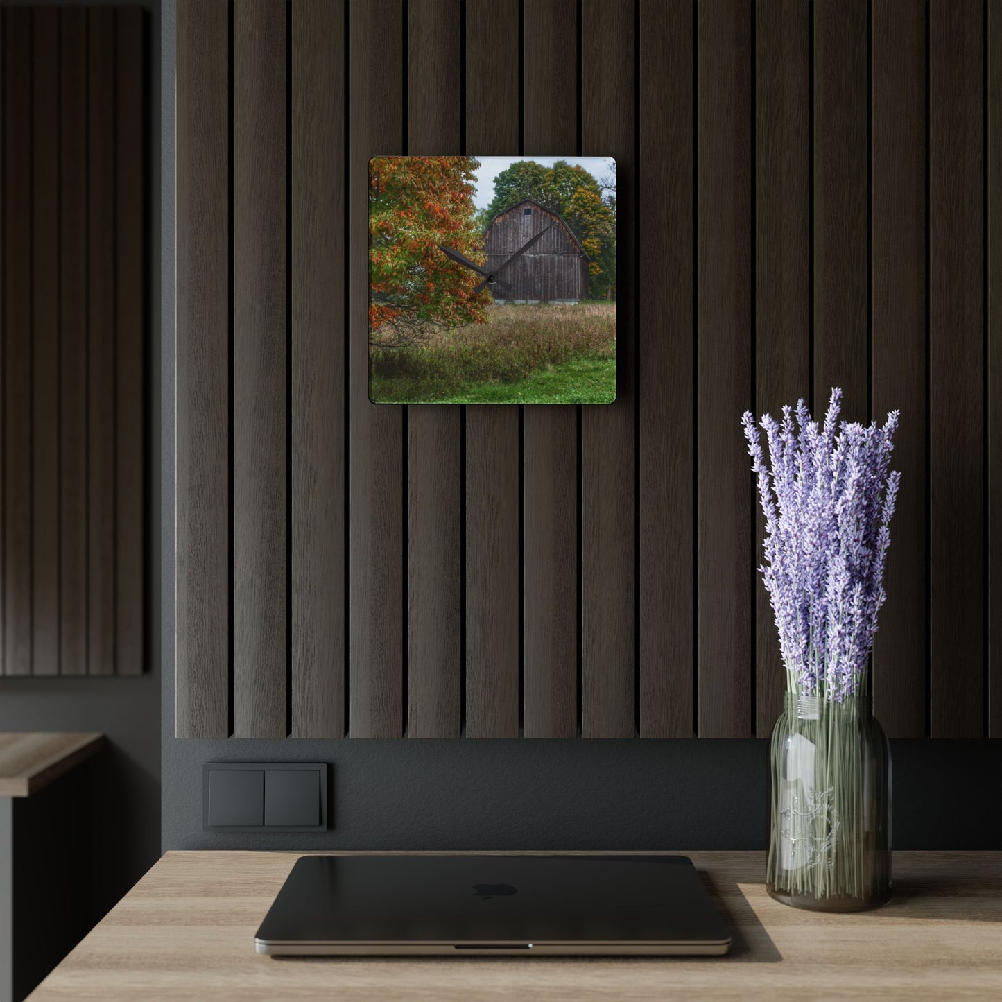 U R There Photography Mount Morris Road Grey in the Fall Rustic Farmhouse Acrylic Analog Wall Clock
