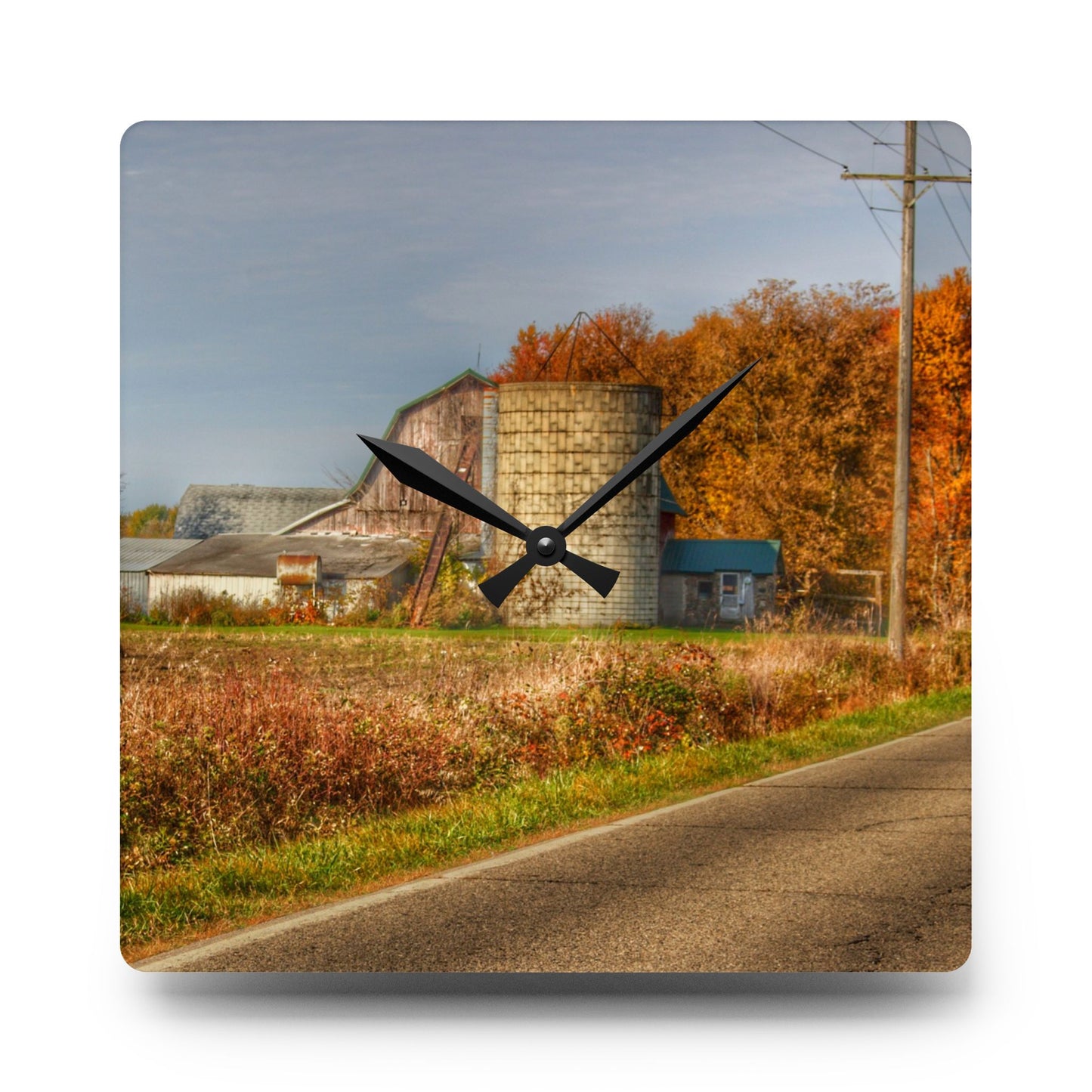 U R There Photography Plumb Creek Road Red in Fall II Rustic Farmhouse Acrylic Analog Wall Clock