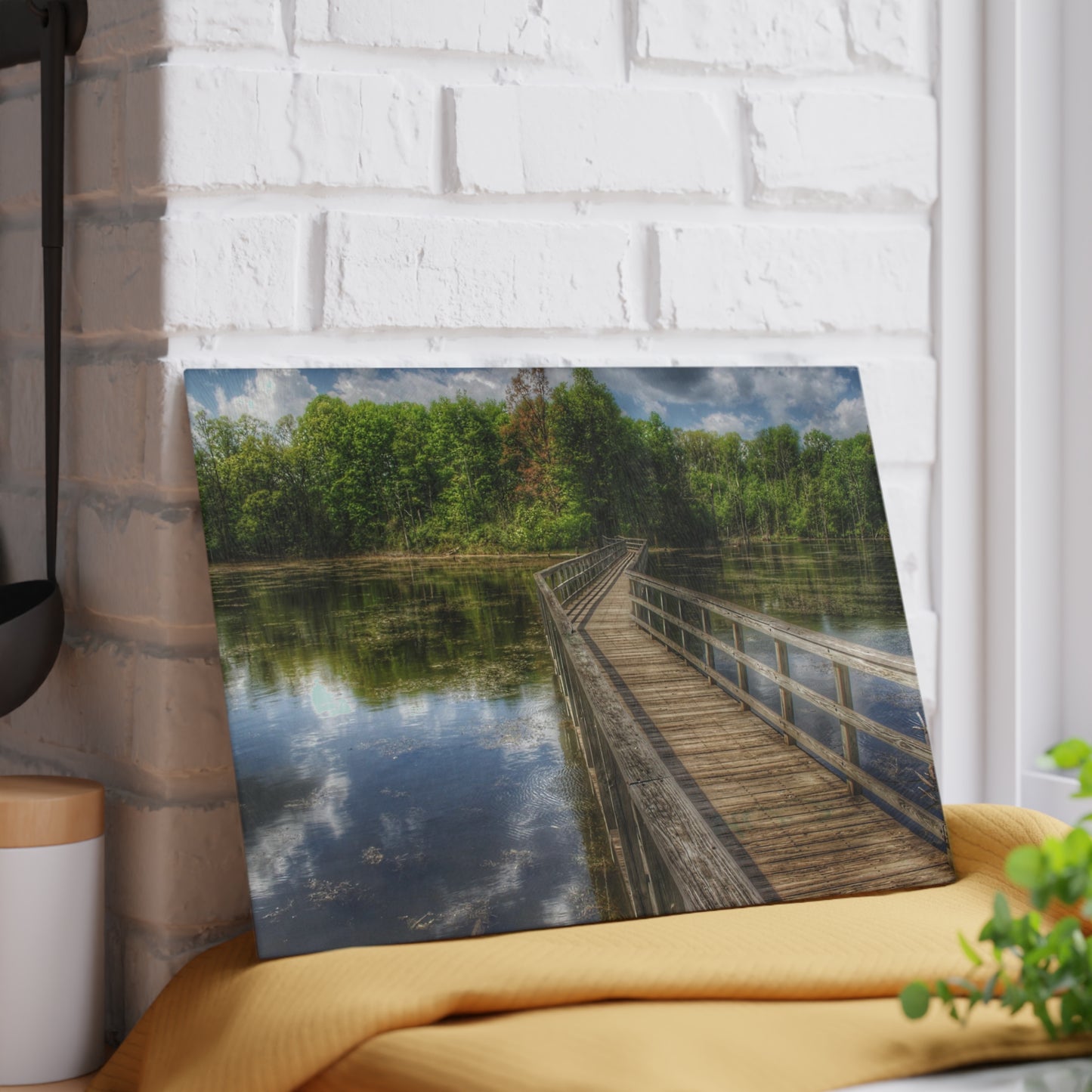 U R There Photography Linear Park Bridge in Lapeer III Rustic Farmhouse Tempered-Glass Cutting Board