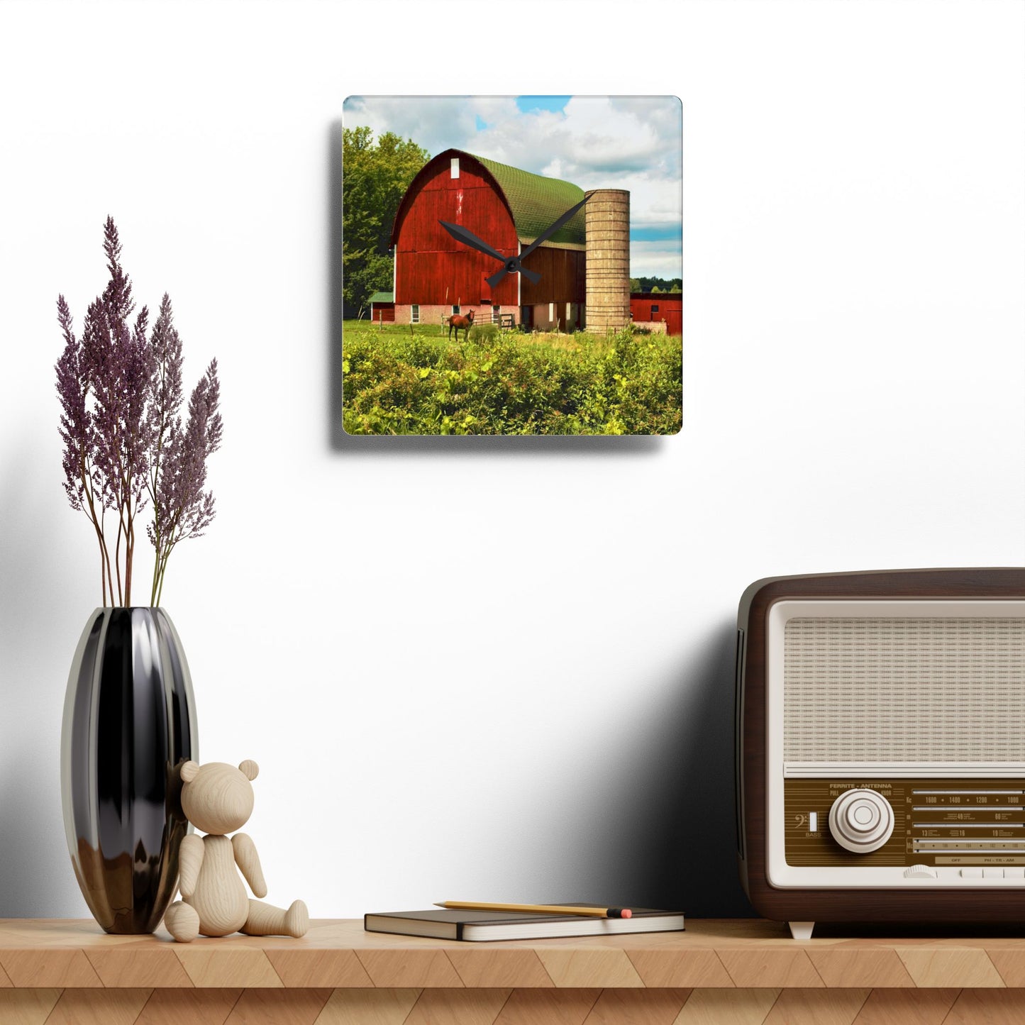 Rustic Farmhouse Wall Clock featuring Red Barn and Horses