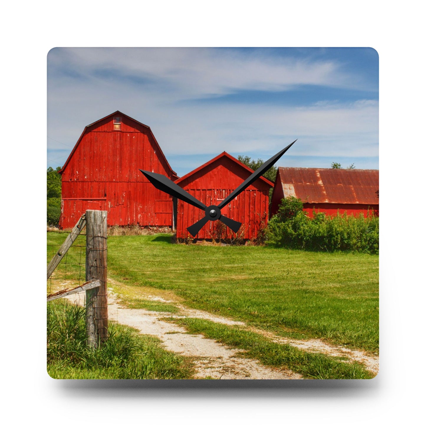 U R There Photography South Oak Road Reds I Rustic Farmhouse Acrylic Analog Wall Clock