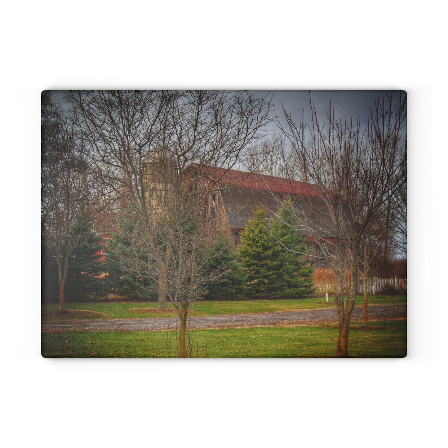 U R There Photography Rusted Red Beyond the Pines Rustic Farmhouse Tempered-Glass Cutting Board