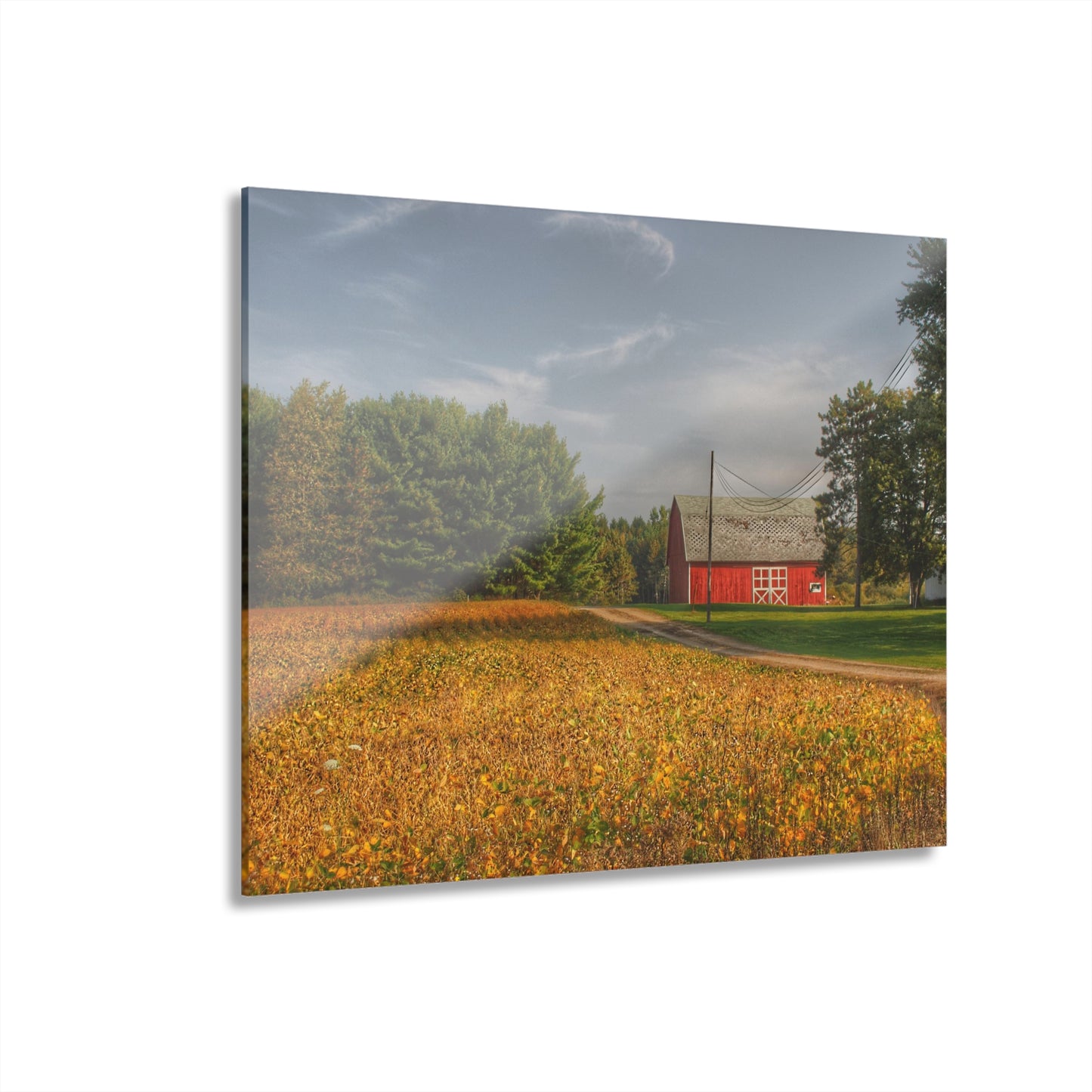 U R There Photography Red Barn on Golden Field Rustic Farmhouse Acrylic Analog Wall Clock