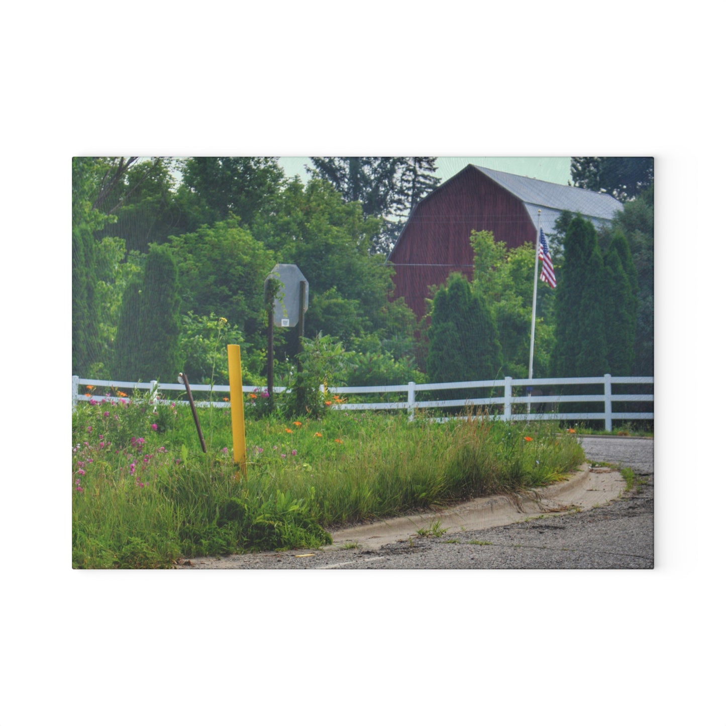 U R There Photography Sutton Road Red and Old Glory Rustic Farmhouse Tempered-Glass Cutting Board