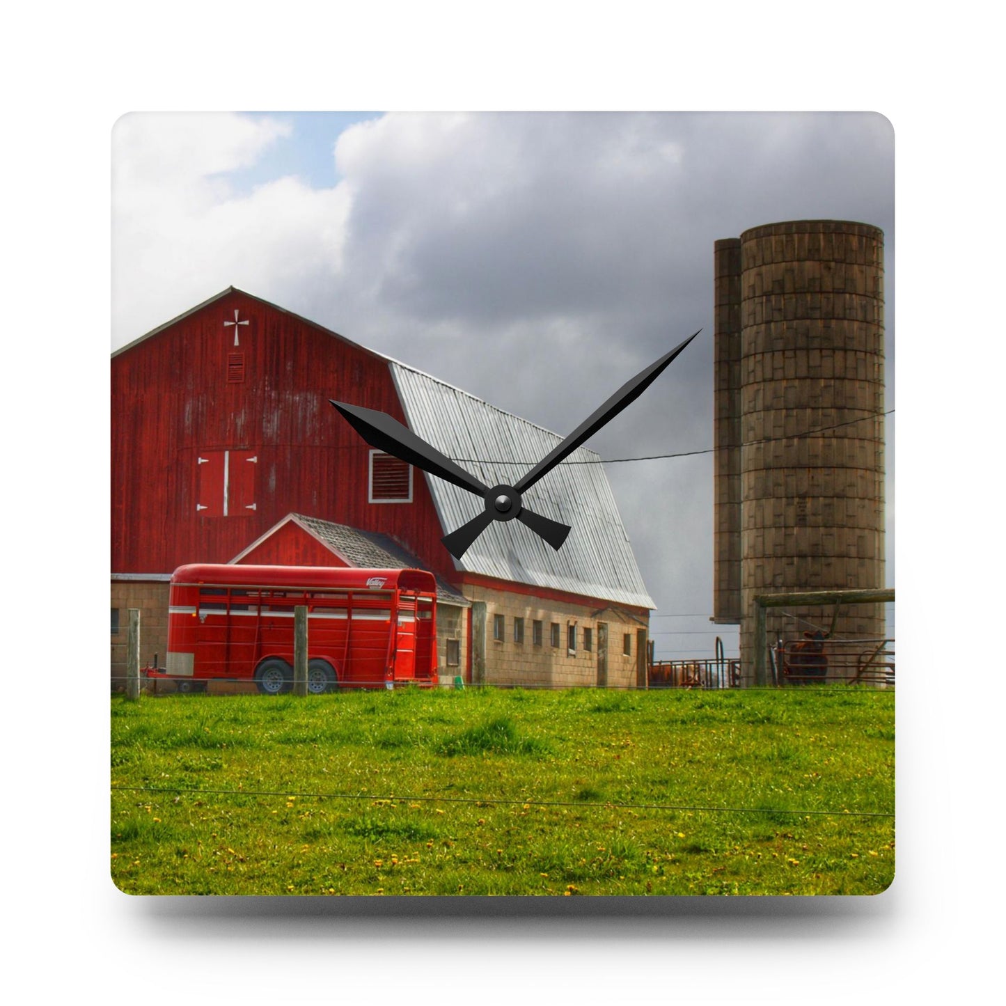 U R There Photography Clothier Road Red and Silo Rustic Farmhouse Acrylic Analog Wall Clock