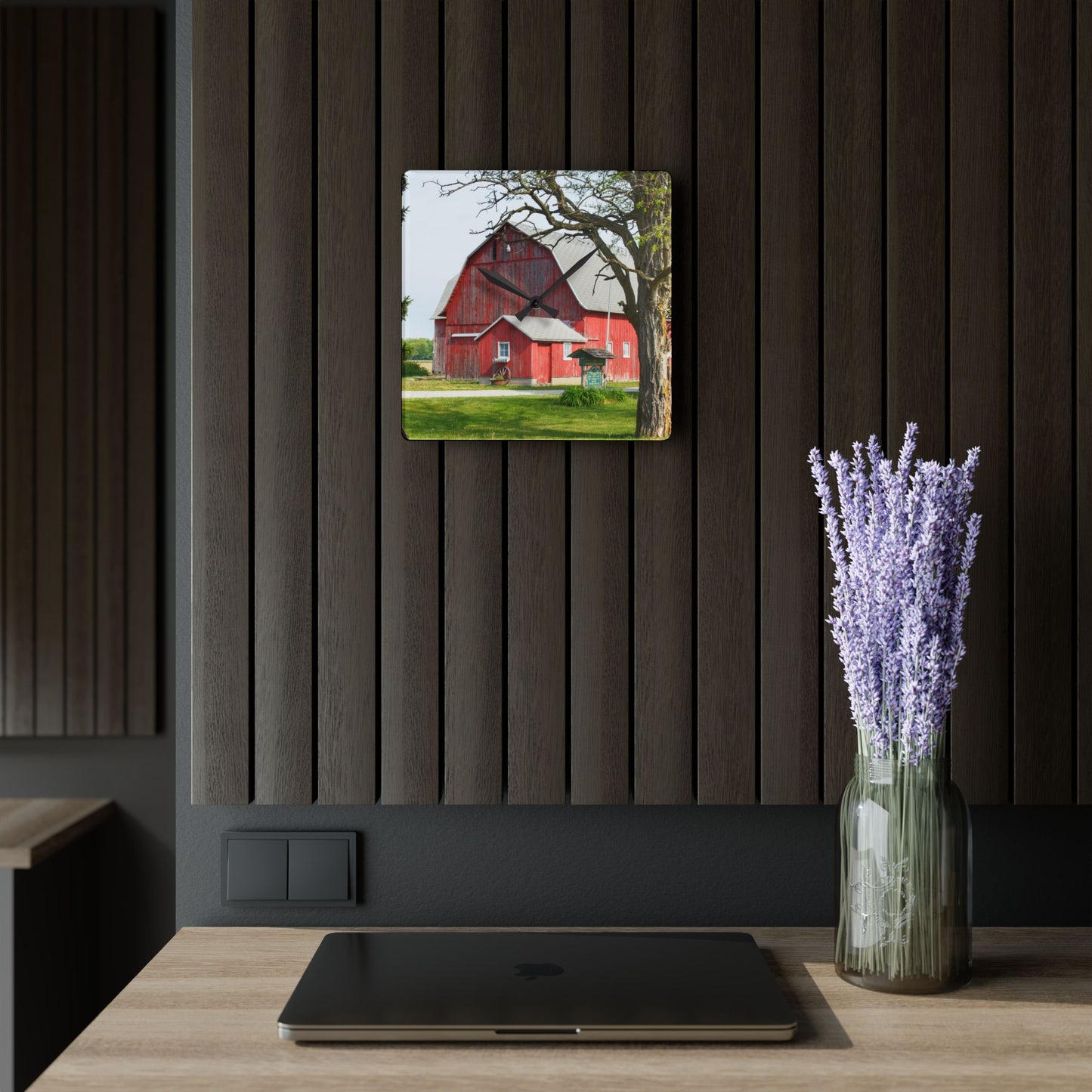 U R There Photography French Road Centennial Reds I Rustic Farmhouse Acrylic Analog Wall Clock