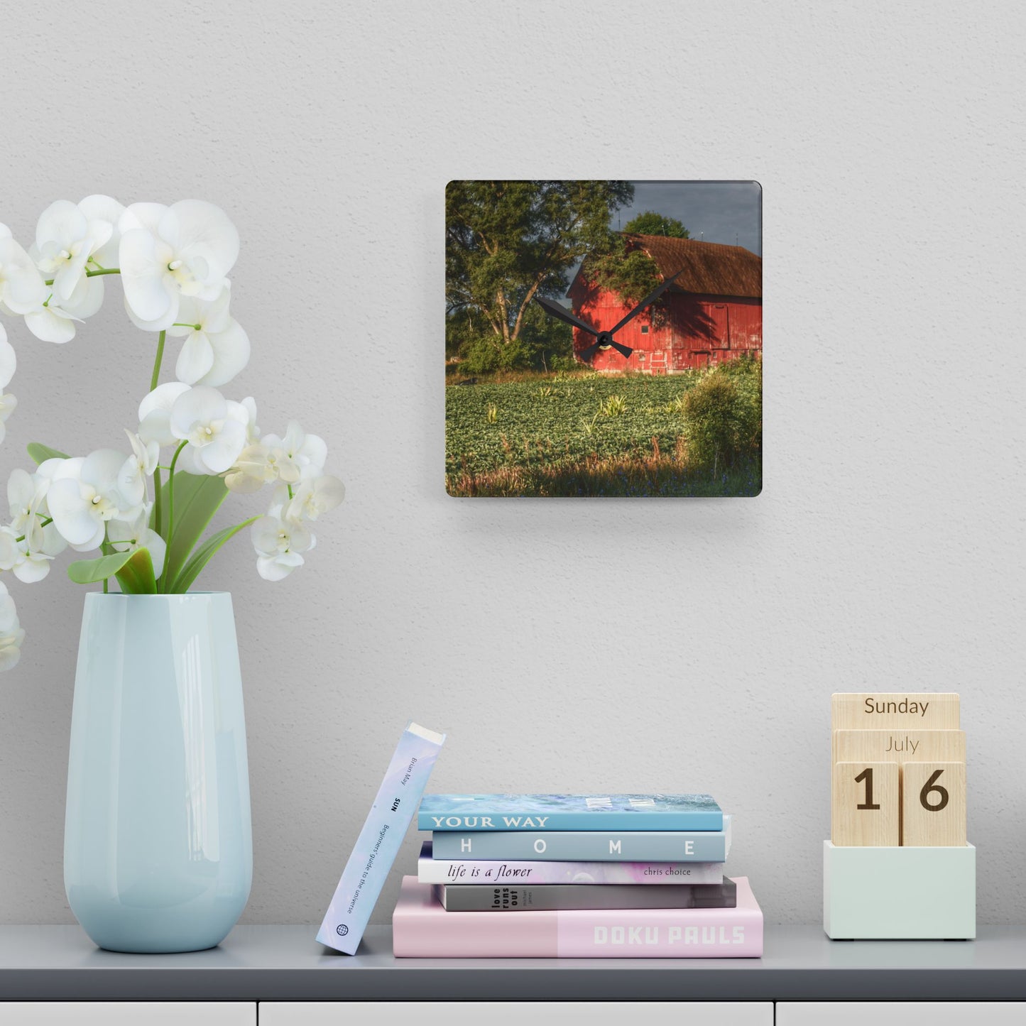 U R There Photography Genesee Road Red II Rustic Farmhouse Acrylic Analog Wall Clock