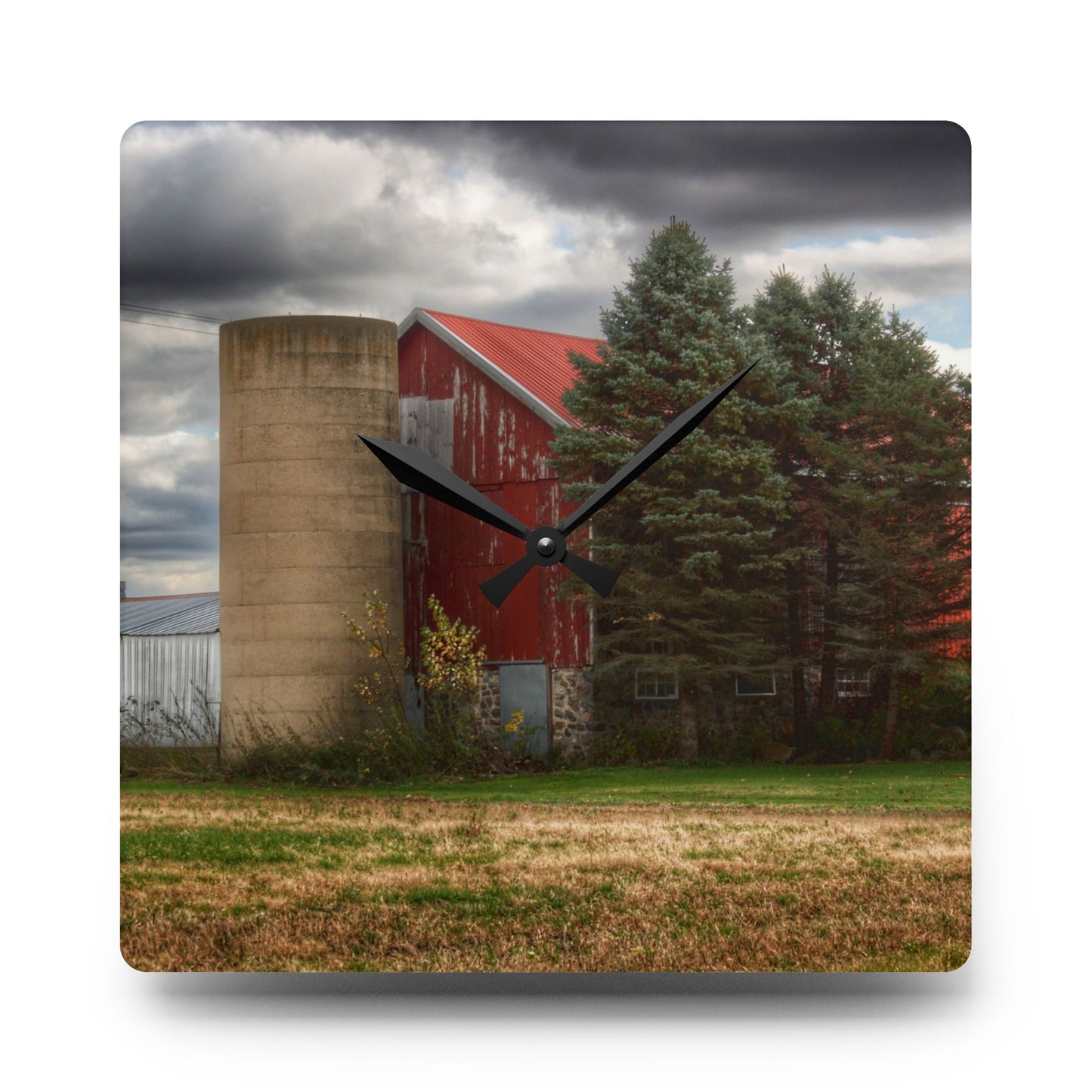 U R There Photography Laur Road Red Among the Pines II Rustic Farmhouse Acrylic Analog Wall Clock