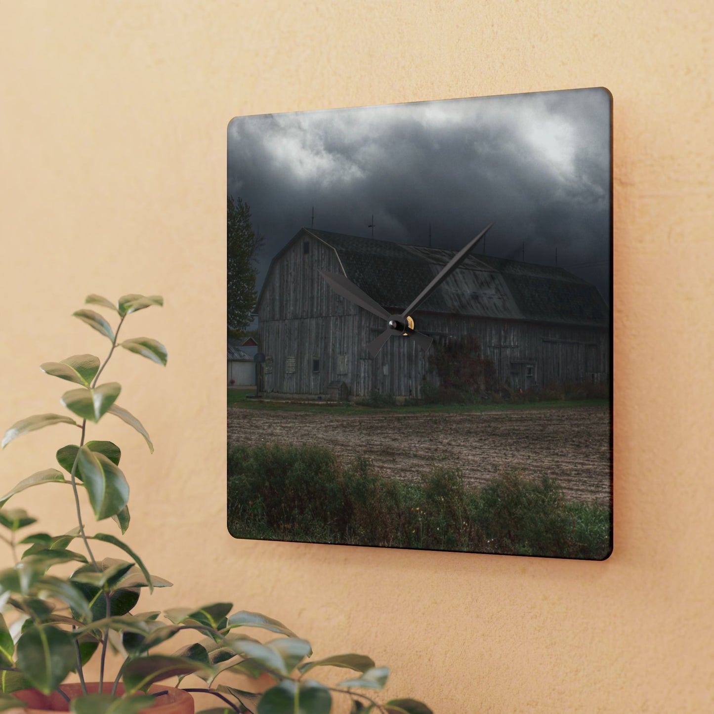U R There Photography Waterman Road Grey II Rustic Farmhouse Acrylic Analog Wall Clock
