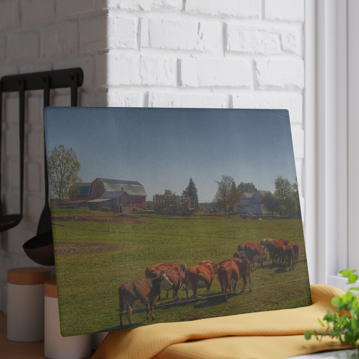 U R There Photography Plain Road Farm and Cows Rustic Farmhouse Tempered-Glass Cutting Board
