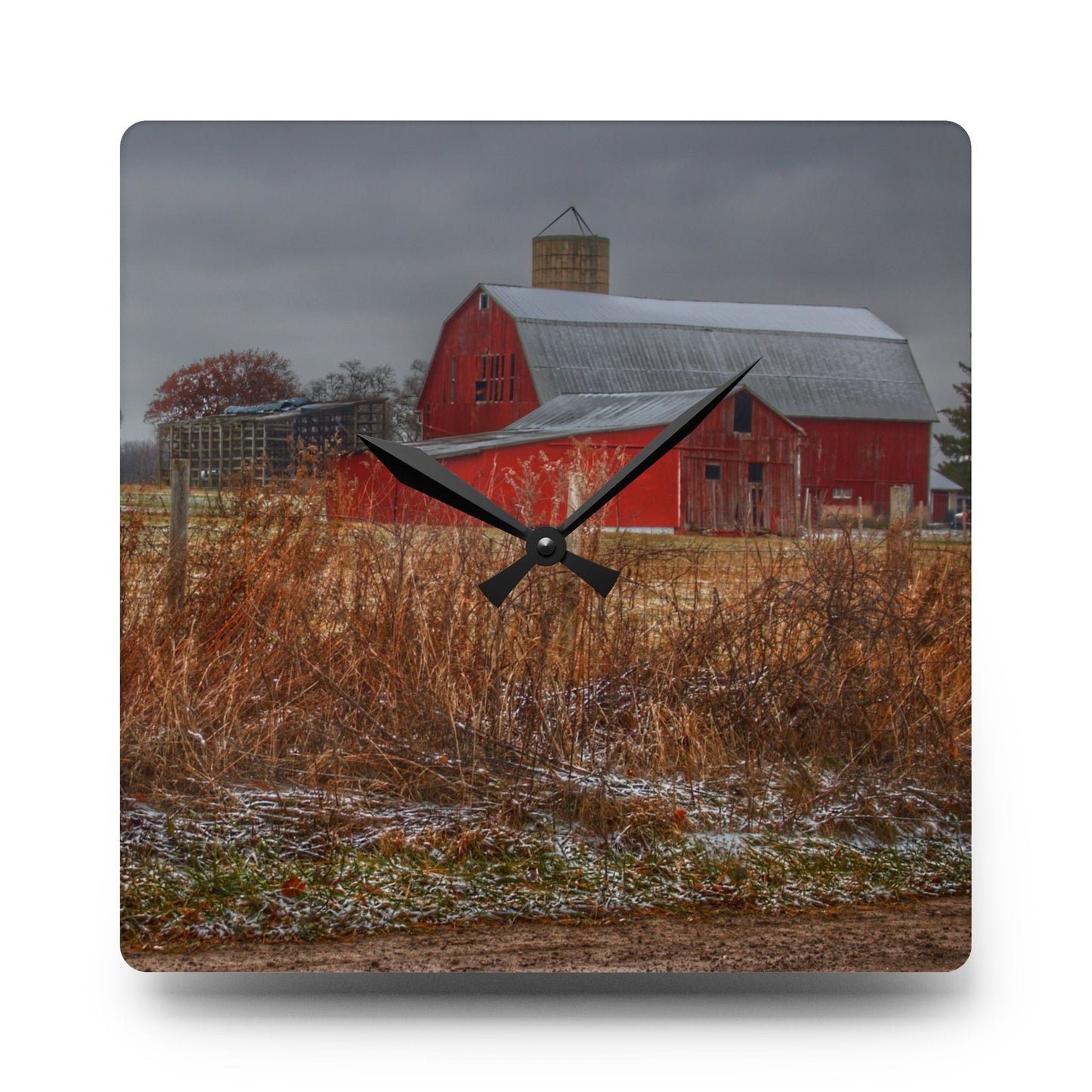 U R There Photography Hough Road Reds Rustic Farmhouse Acrylic Analog Wall Clock