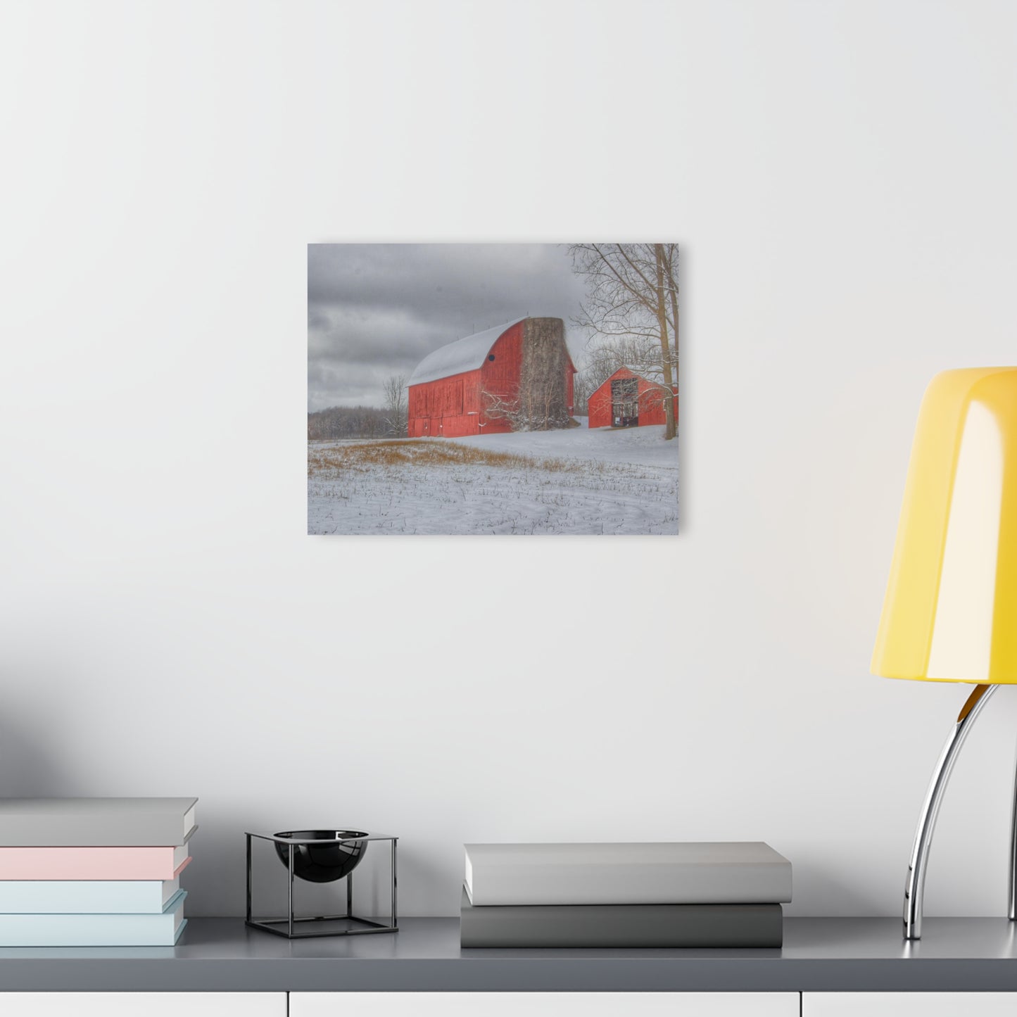 U R There Photography Catlin Reds in Winter II Rustic Farmhouse Acrylic Wall Print