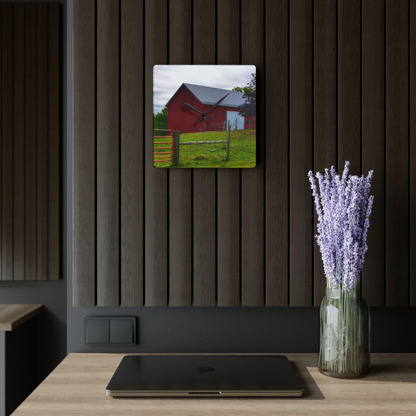 U R There Photography Slattery Red Rustic Farmhouse Acrylic Analog Wall Clock