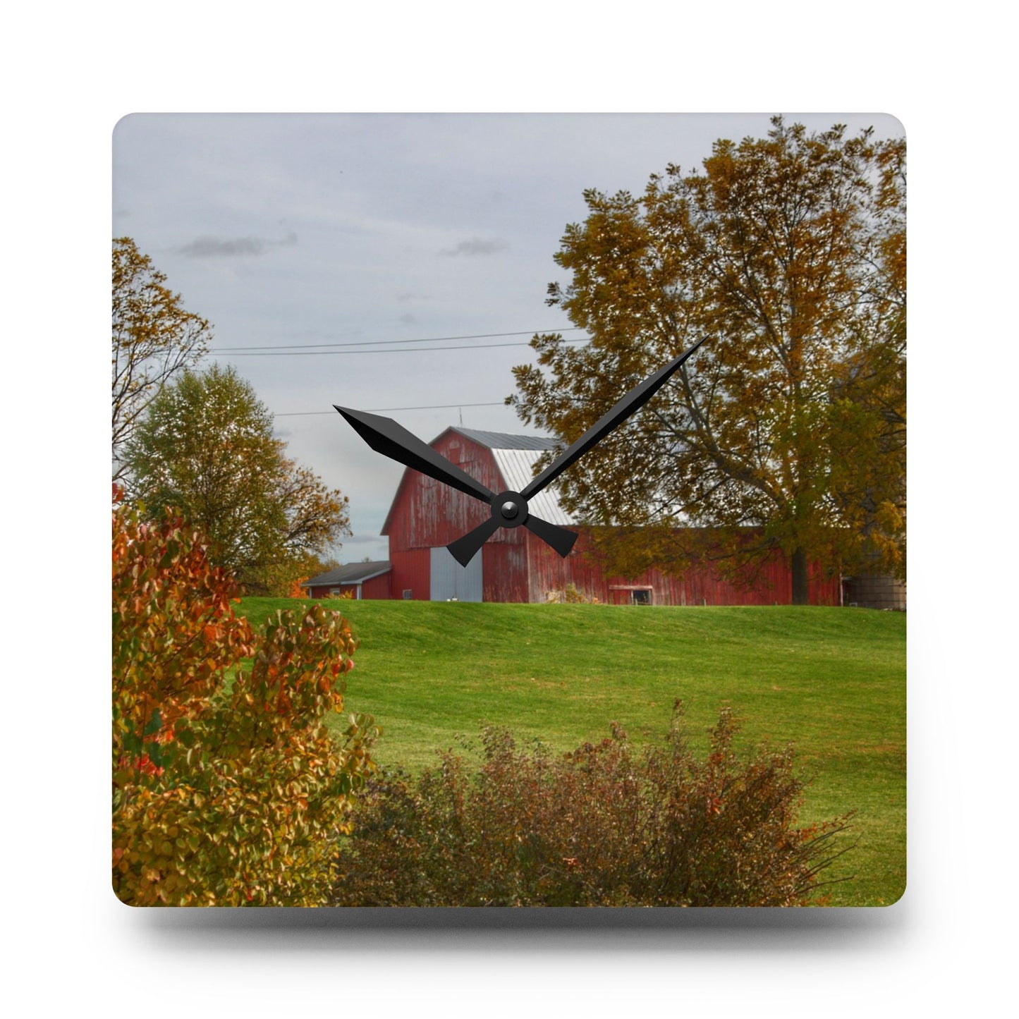 U R There Photography Maple Leaf Road Red Rustic Farmhouse Acrylic Analog Wall Clock