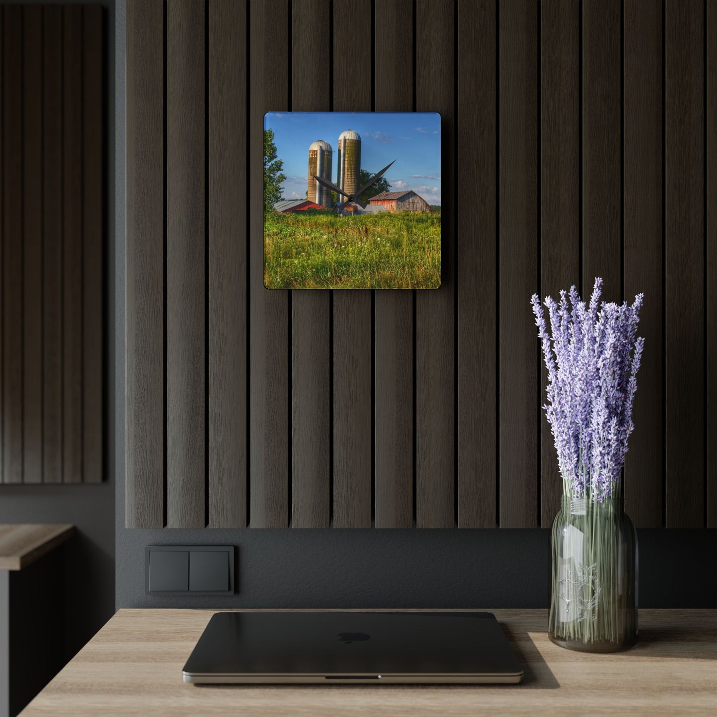 U R There Photography Morrish Road Silos II Rustic Farmhouse Acrylic Analog Wall Clock