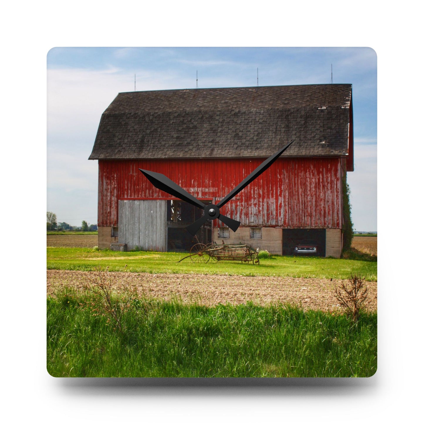 U R There Photography Unionville Elmwood Road Red II Rustic Farmhouse Acrylic Analog Wall Clock