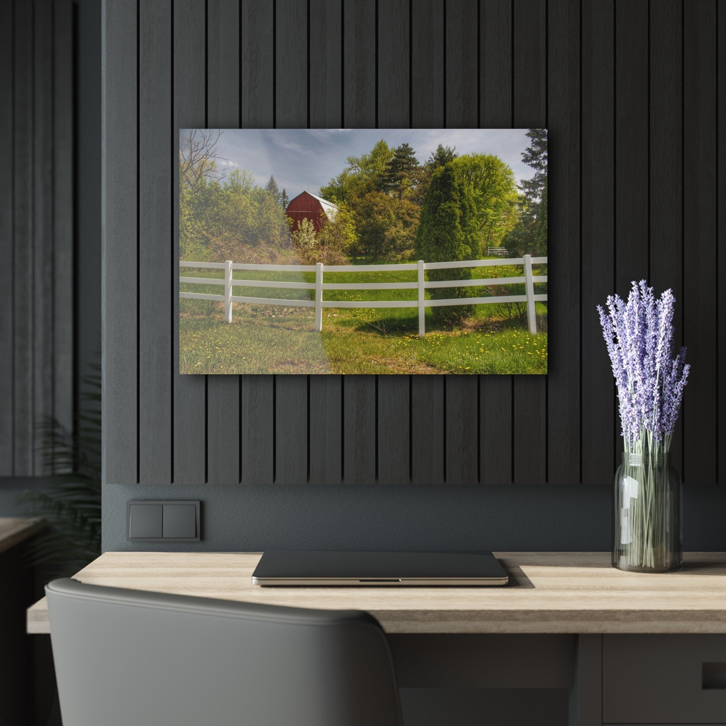U R There Photography Sutton Road Red Beyond the Fence Rustic Farmhouse Acrylic Wall Print