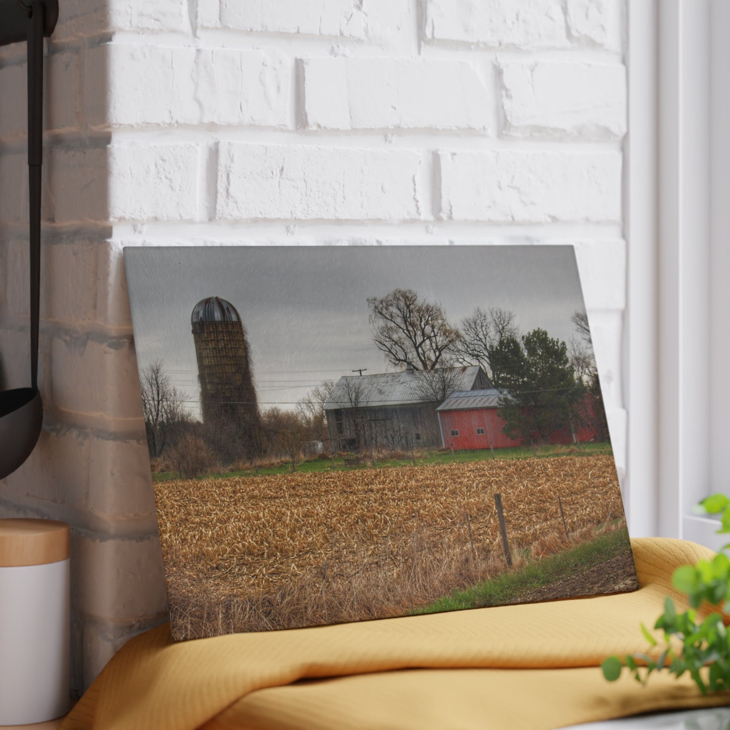 U R There Photography Dryden Road Gable Grey and Silo Rustic Farmhouse Tempered-Glass Cutting Board