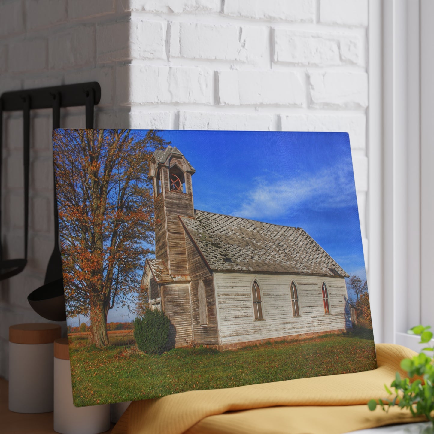 U R There Photography Schoolhouse of Marlette Road I Rustic Farmhouse Tempered-Glass Cutting Board