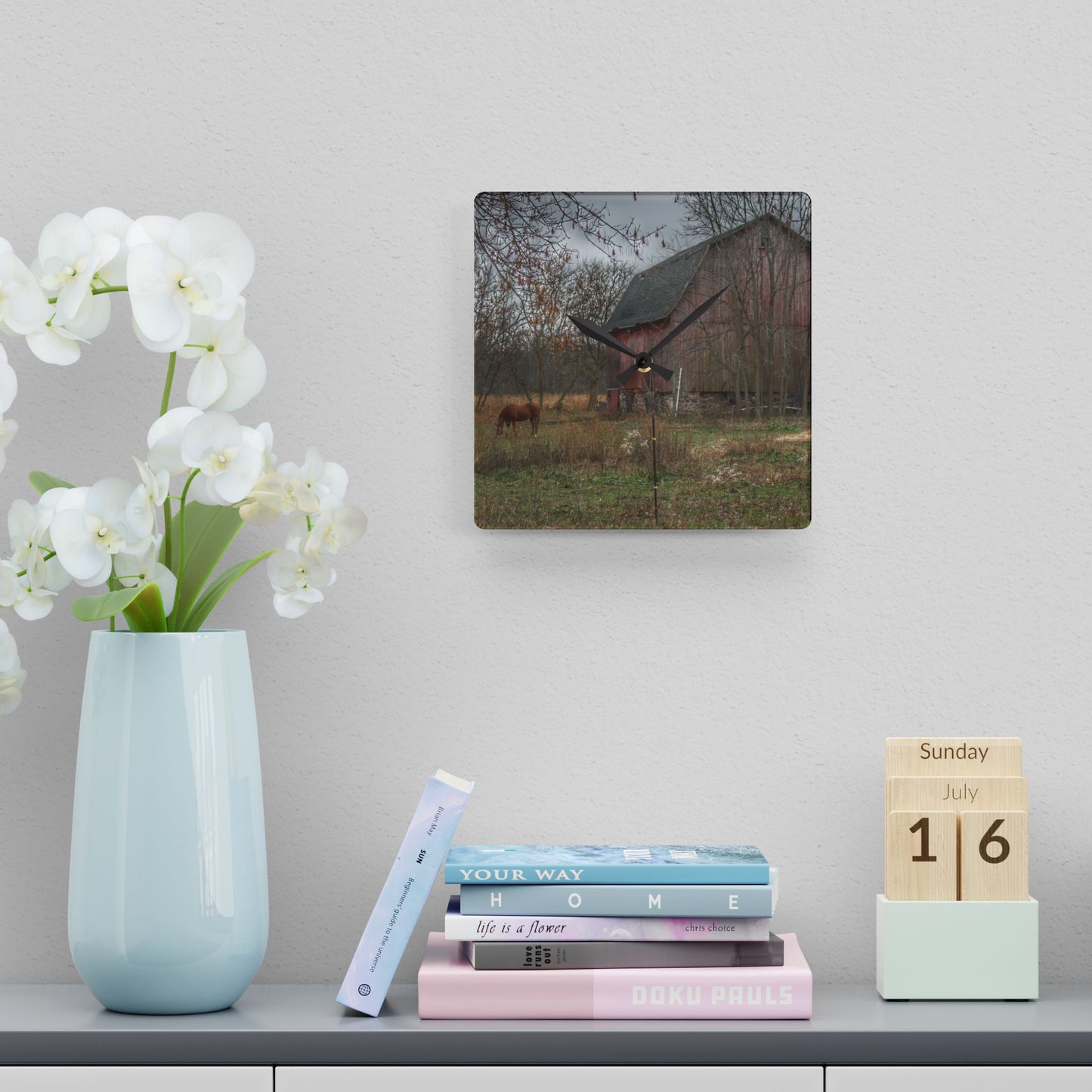U R There Photography Blair Road Barn and Horse Rustic Farmhouse Acrylic Analog Wall Clock