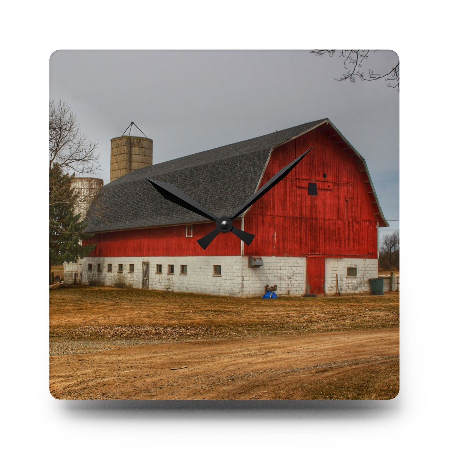 U R There Photography Hunters Creek Red Cow Barn II Rustic Farmhouse Acrylic Analog Wall Clock