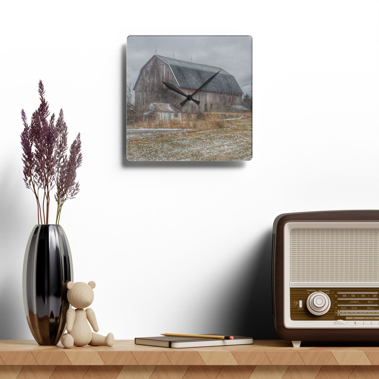 U R There Photography Mayville Road Grey Rustic Farmhouse Acrylic Analog Wall Clock