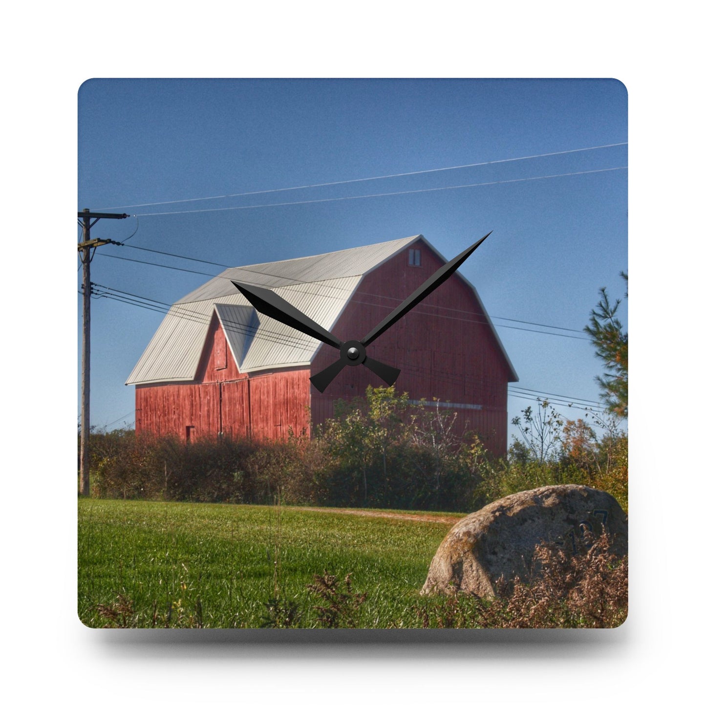 U R There Photography Hemingway Lake Road Red Rustic Farmhouse Acrylic Analog Wall Clock
