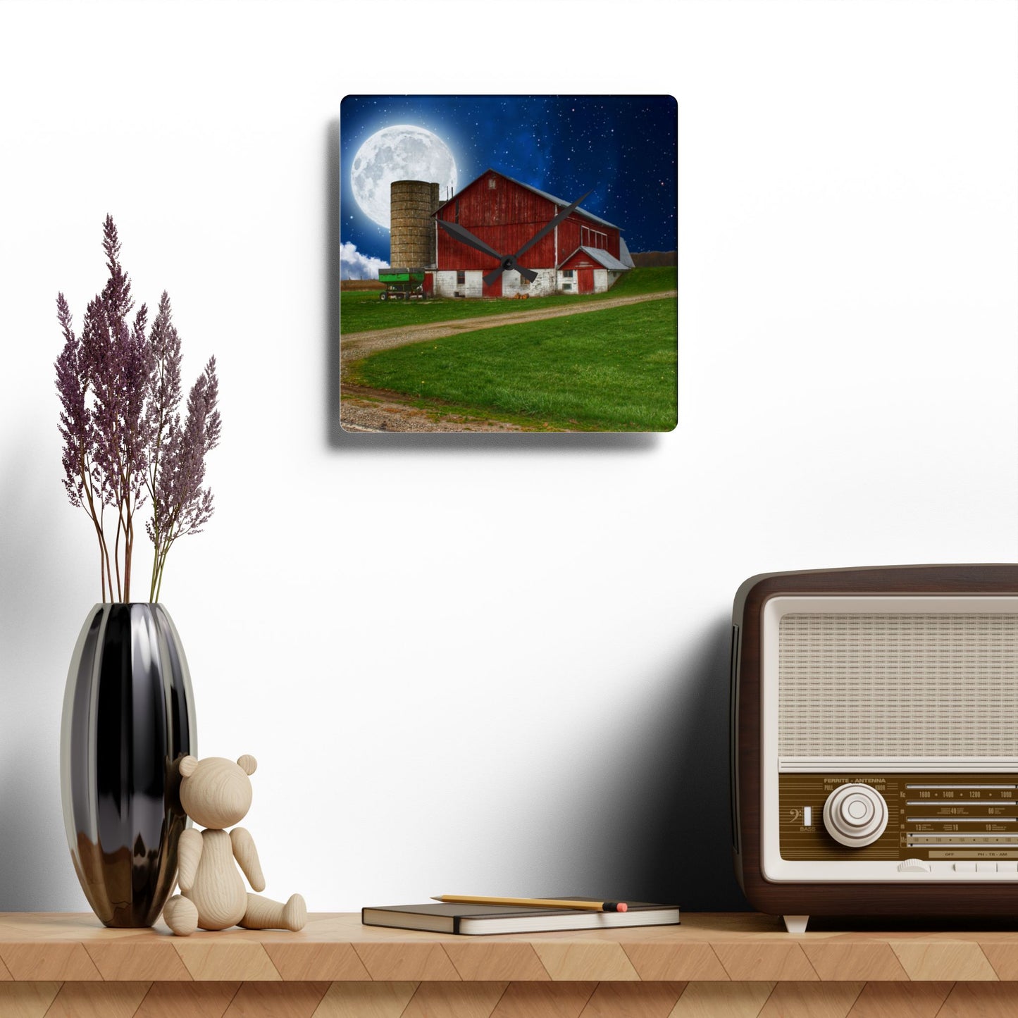 U R There Photography Fostoria Red in the Moonlight Rustic Farmhouse Acrylic Analog Wall Clock