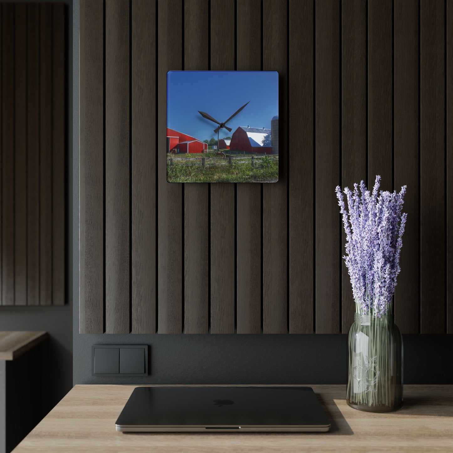 U R There Photography Mount Morris Road Farm and Horse Rustic Farmhouse Acrylic Analog Wall Clock