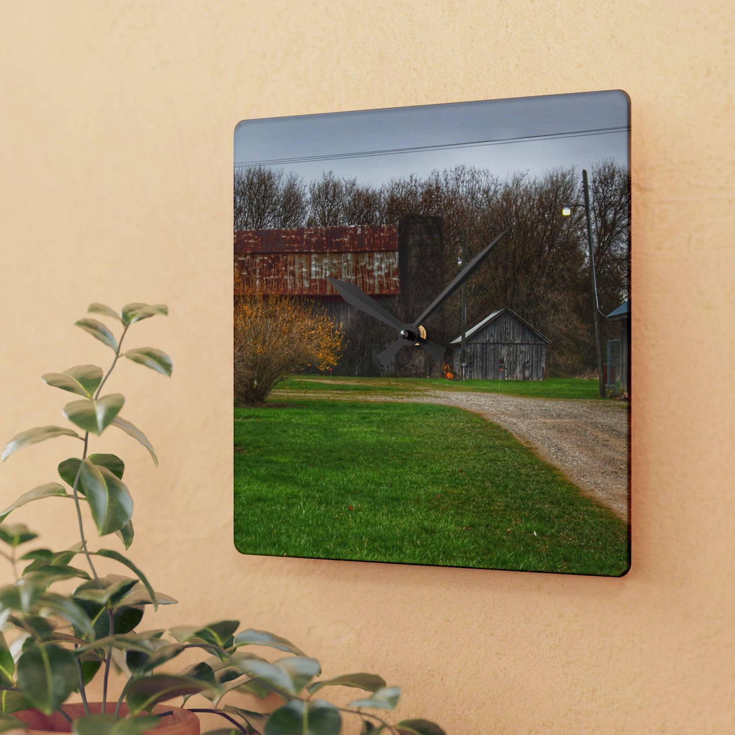 U R There Photography South Summers Road Rusted and Little Grey Rustic Farmhouse Acrylic Analog Wall Clock